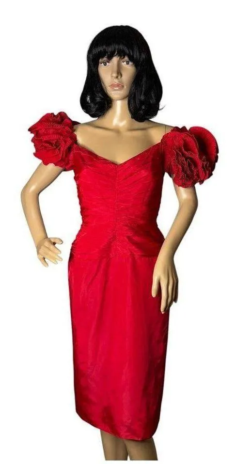 Vintage 80s Tadashi Red Taffeta Pleated Puff Sleeve Cocktail Dress size 2-4 - Image 11