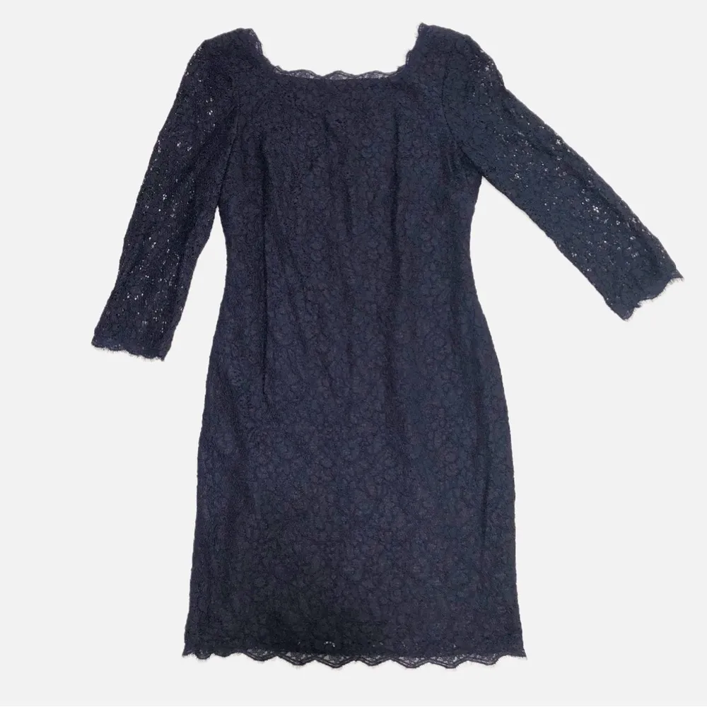 Adrianna Papell Navy Blue Lace Sheath Dress Size 8 Exposed Zipper Stretch - Image 3