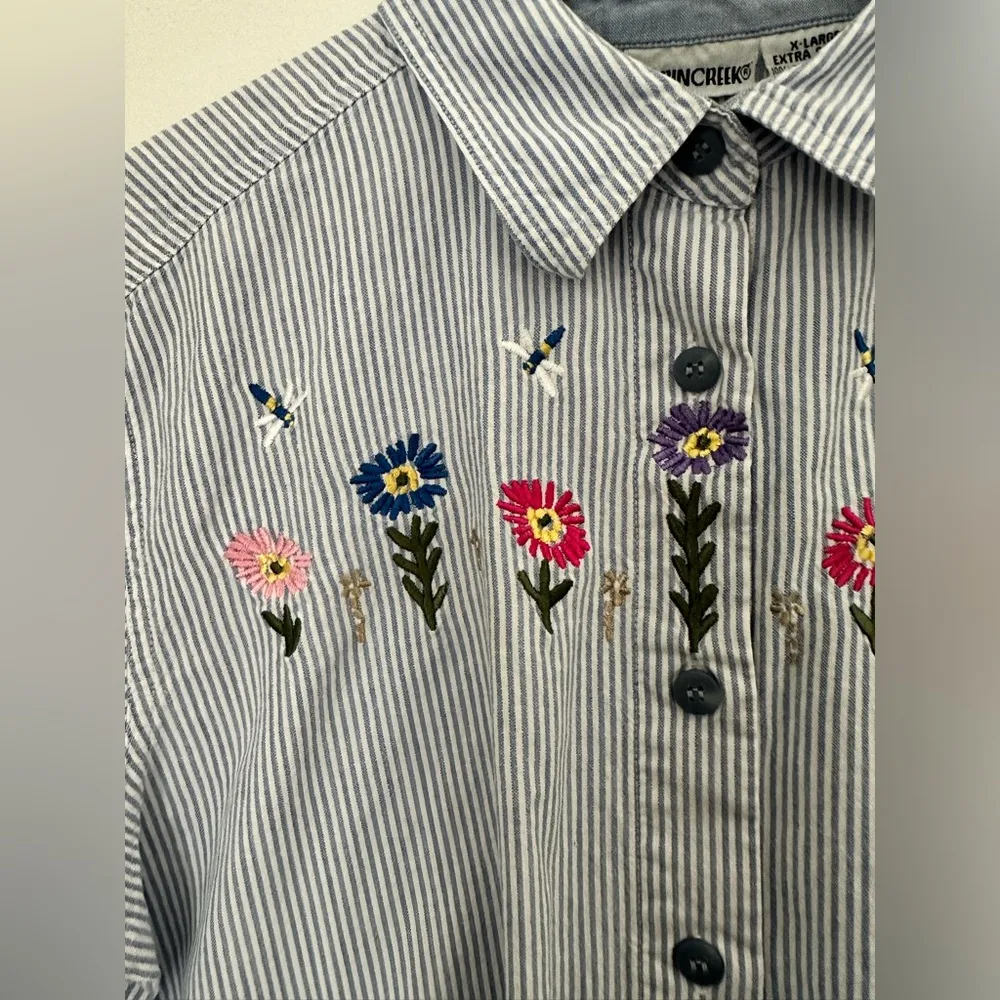 Cabin Creek Striped Button Down Shirt | Floral Embroidery | 100% Cotton | XL - Image 4