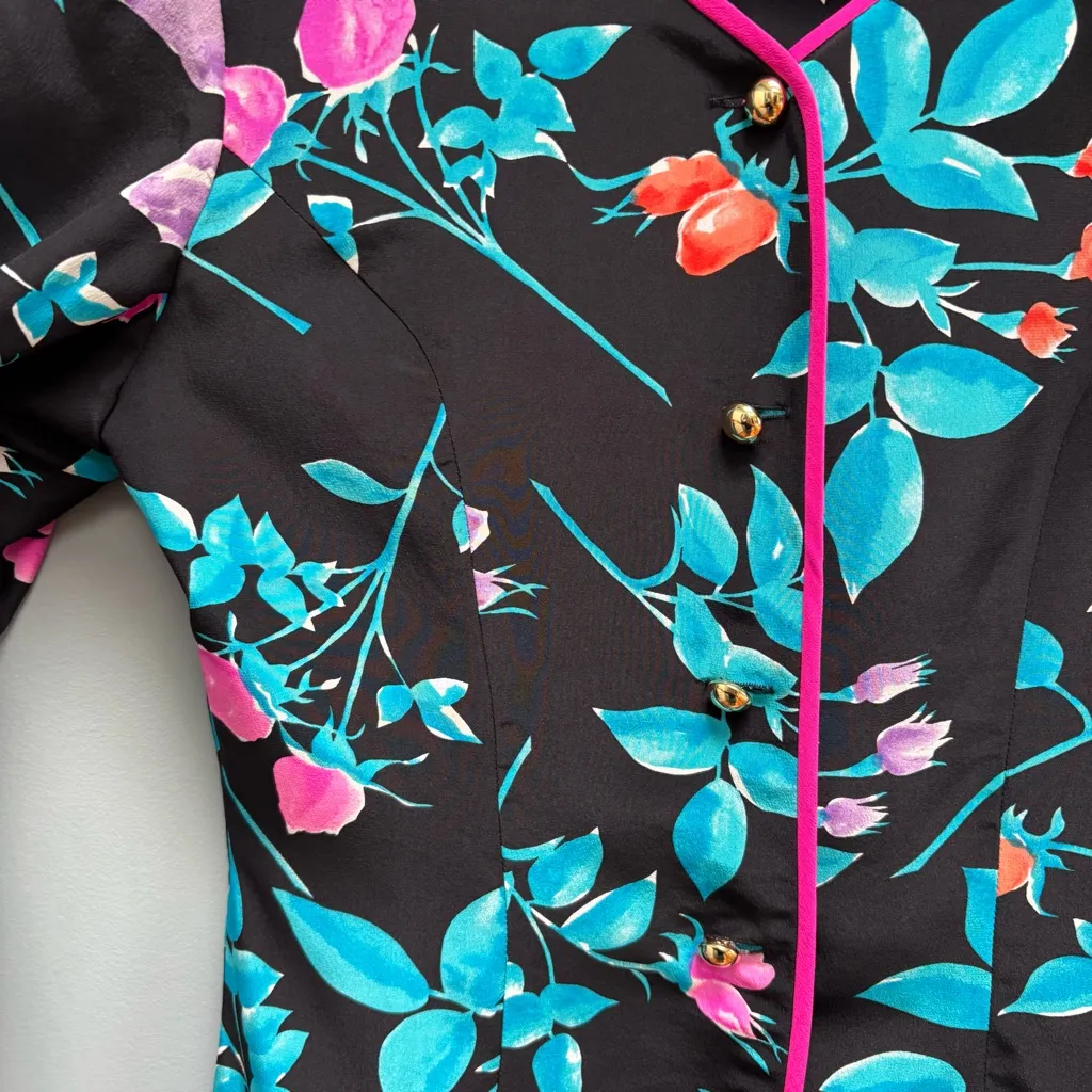 Vintage Midi Skirt and Blazer Set In Floral Print Silk Size M - Image 6