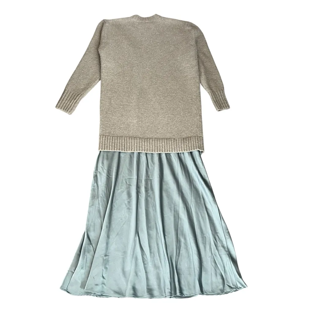 Anthropologie Women’s Long Sleeve Twofer Taupe Sweater Blue Slip Midi Dress Sz S - Image 7