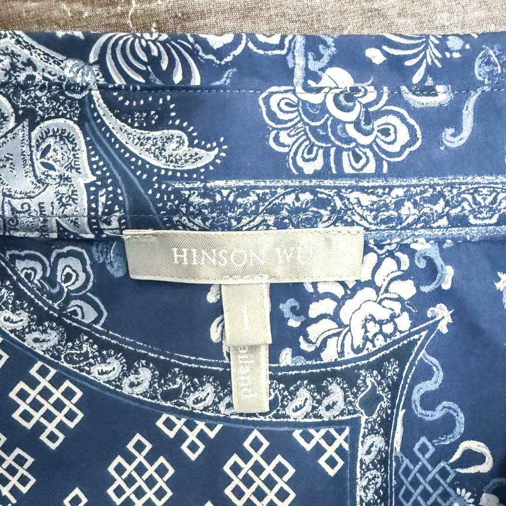Hinson Wu Blue White Bandana Paisley 3/4 Sleeve V Neck Collar Charlotte Tunic Size L - Image 7