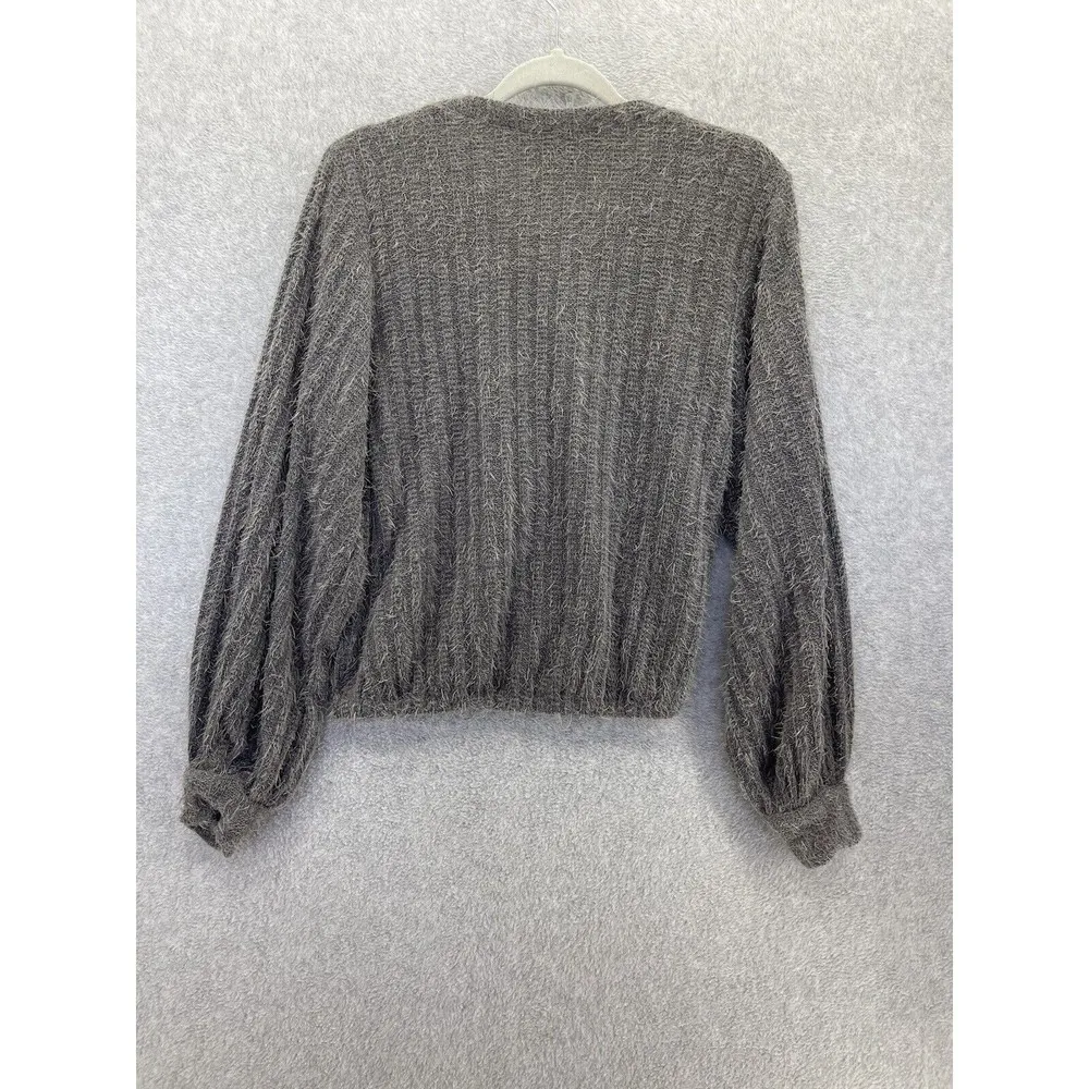 Zara Women's Sweater Furry Solid Gray Size Small Ribbed Long Sleeve Round Neck - Image 2
