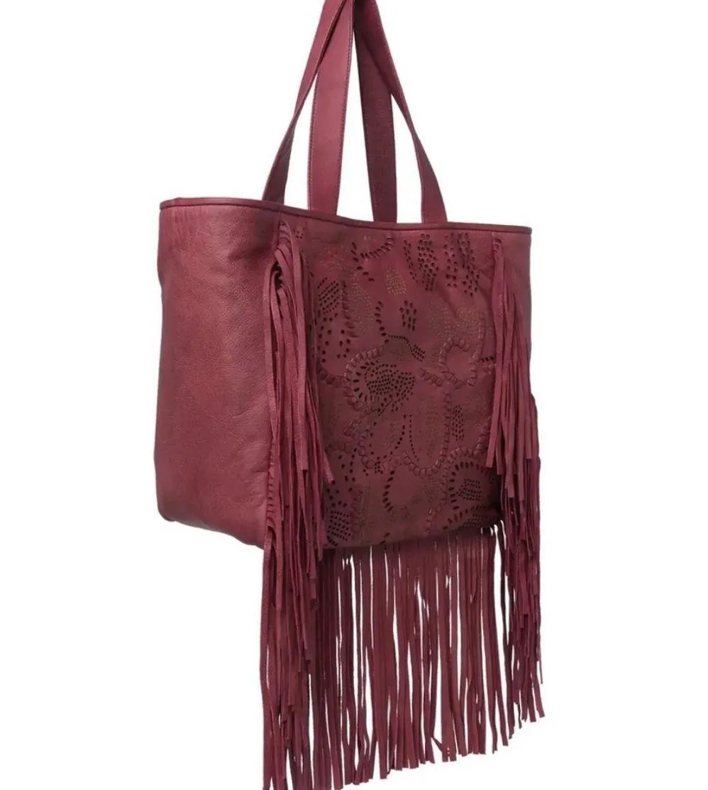 Vivian Leather Fringe Tote Bag Maroon Burgundy Red NWT - Image 3