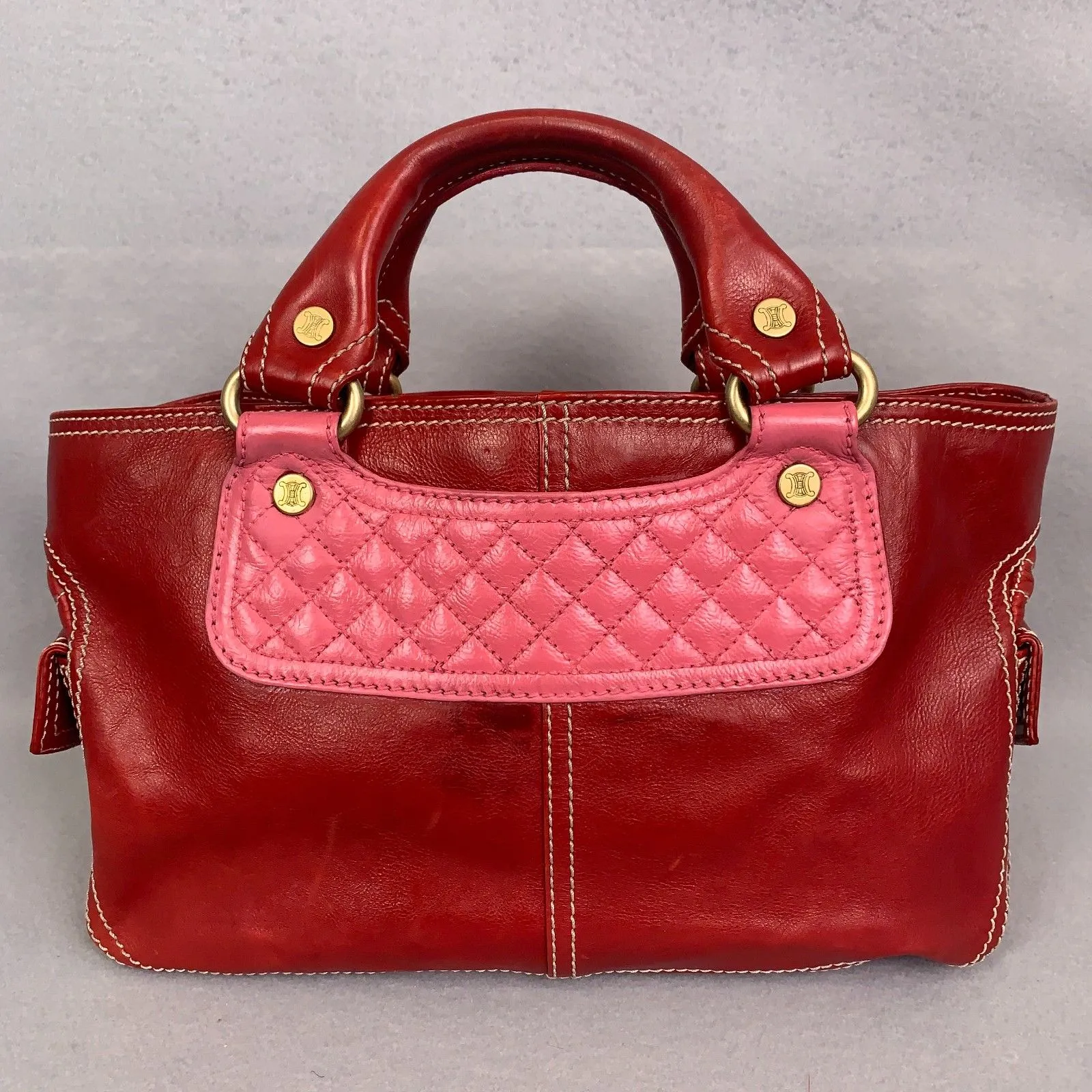 Celine Red Leather Satchel Bag Pink Quilted Detail Designer Purse Classic Luxury - Image 2