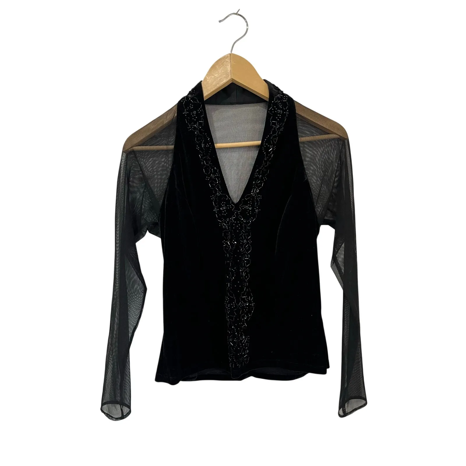 Dressbarn Black Sheer Mesh Beaded Whimsigoth Gothic Grunge Top Size 8 - Image 2