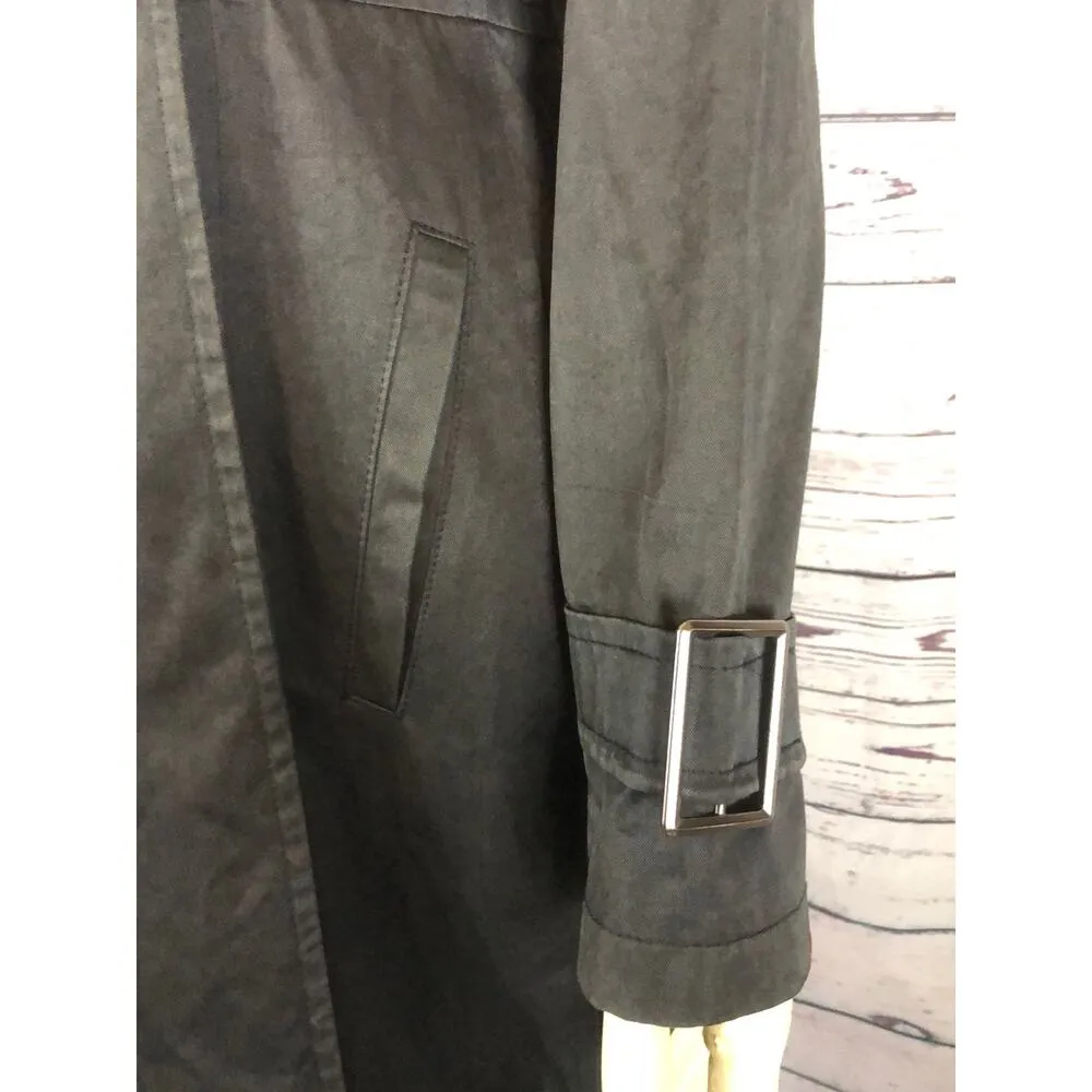 DKNY black double breasted trench coat lined in red size large - Image 9