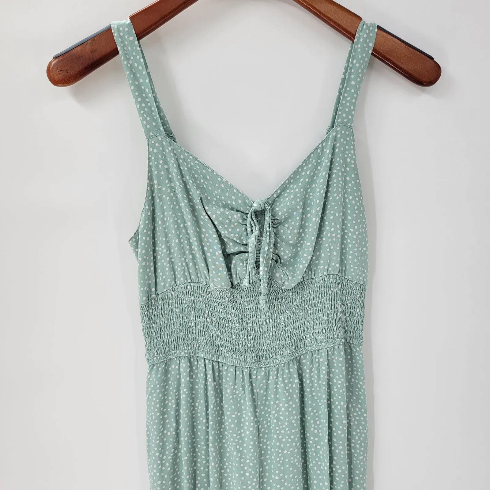 Jessica Simpson Jumpsuit Womens M Green White Polka Dot Wide Leg Smocked‎ Straps - Image 12