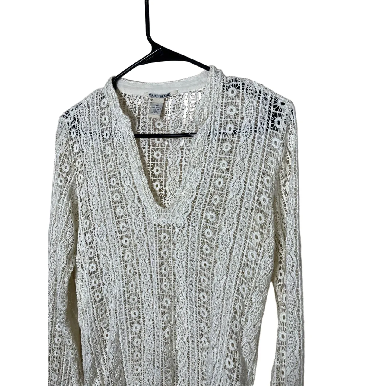 Lucky Brand White Crochet‎ Bell Sleeve Sheer Tie Waist Vintage Y2K Blouse XS - Image 3