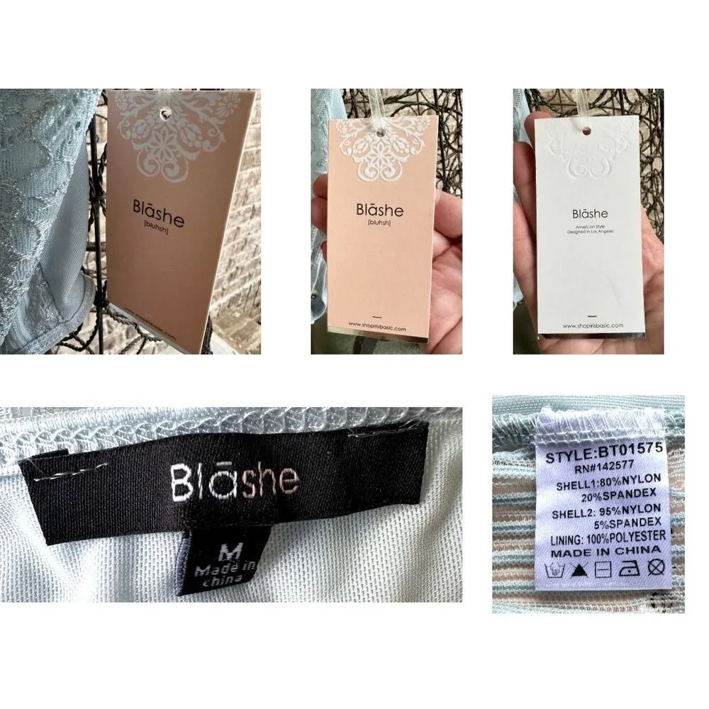 NWT Blashe Teddy Bodysuit Sz M Blue Sheer Lace Accents Snap Closure Exo… - Image 12