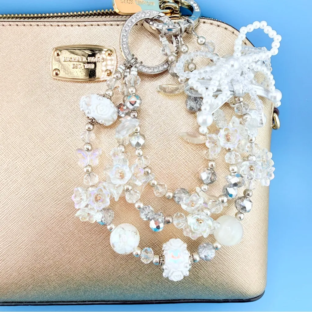 🤍 Luxury Bag/Phone Chain Charm/Keychain Triple-Layer Flowers Fancy Crystal Beads - Image 13