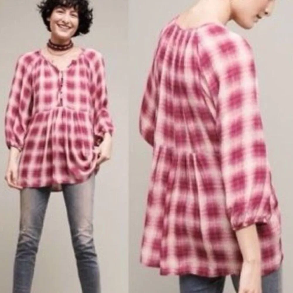 Anthropologie Maeve Cavalon Peplum Plaid Blouse in Pink Extra Small - Image 2