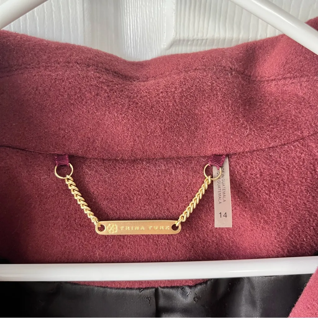 Trina Turk Coat Woman 14 Peacoat Double Breasted Maroon Jacket Wool Cashmere - Image 2