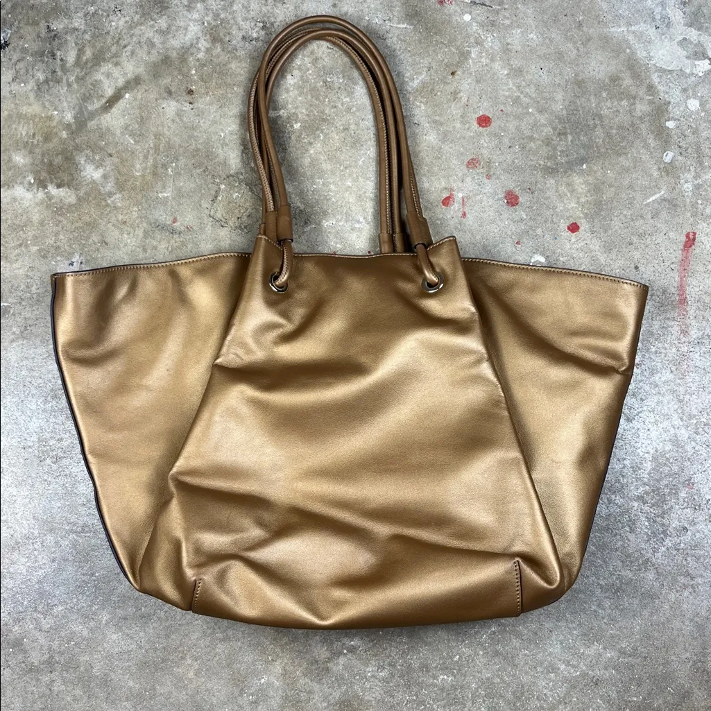 LDT Metallic Bronze Elegant Leather Large Tote Bag Gold - Image 2