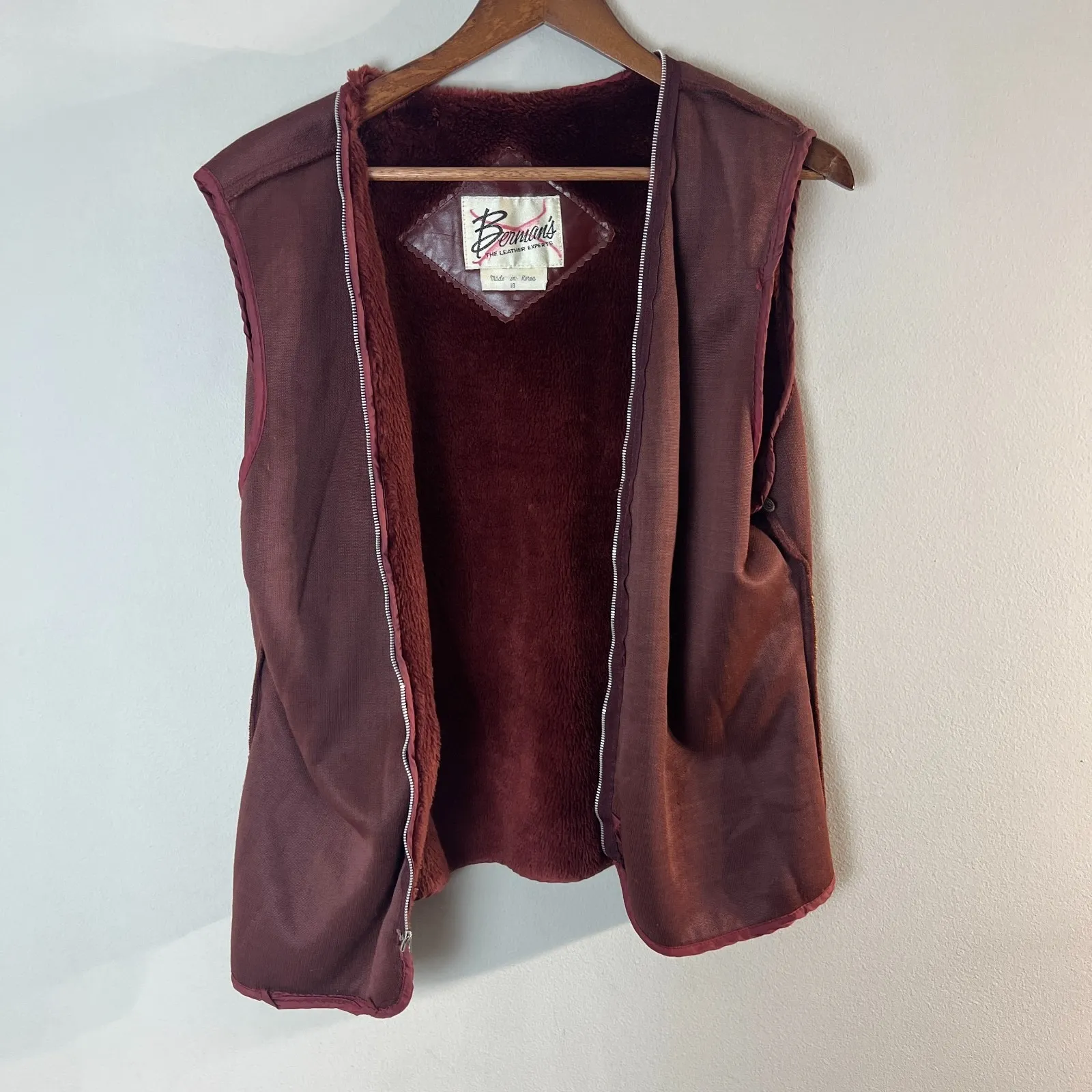 VTG Berman's Leather Jacket Womens 18 Maroon Red Belted Button Up Fleece Lined - Image 15