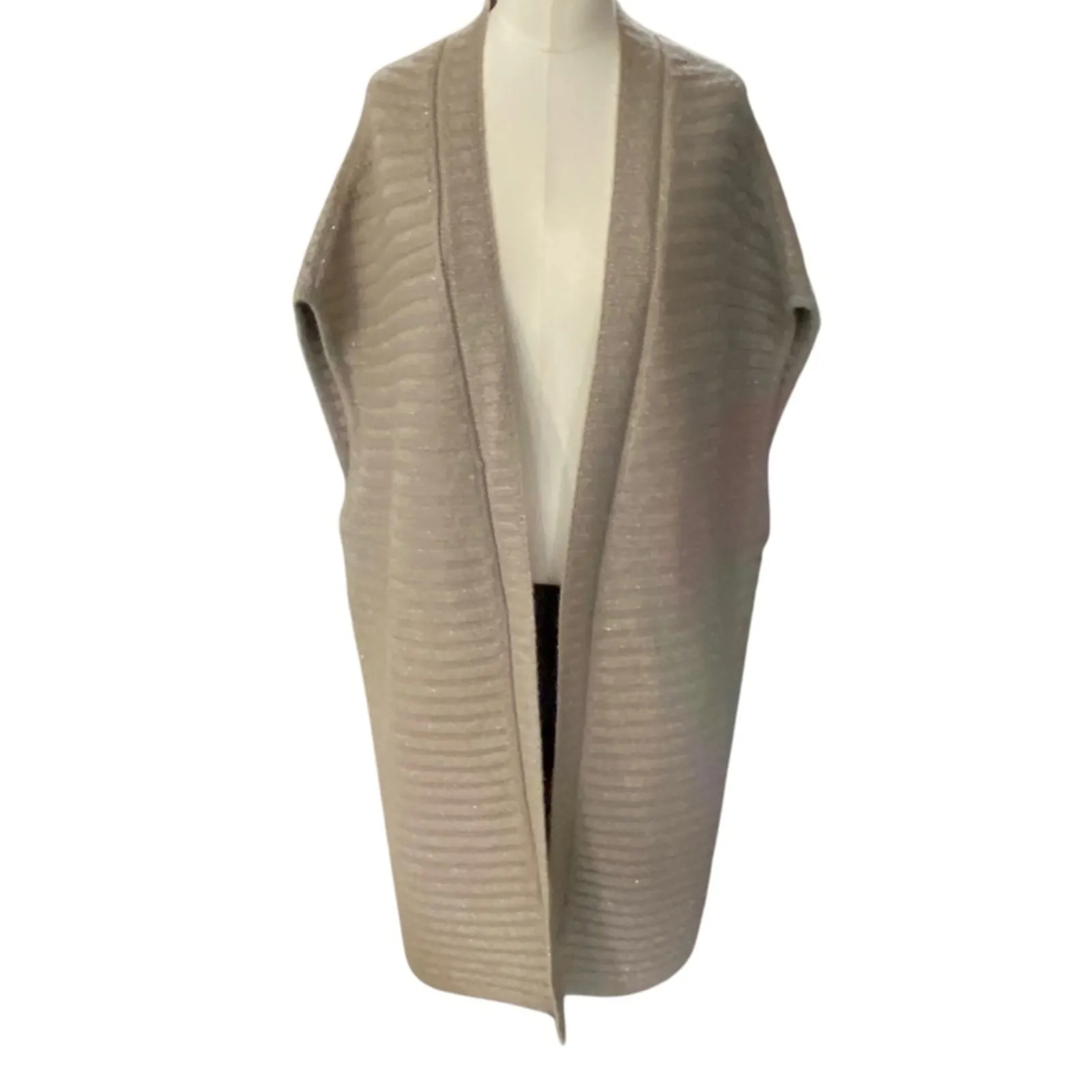 CHICO’s taupe shimmer vest sweater rib detail open front Women's size LARGE - Image 2