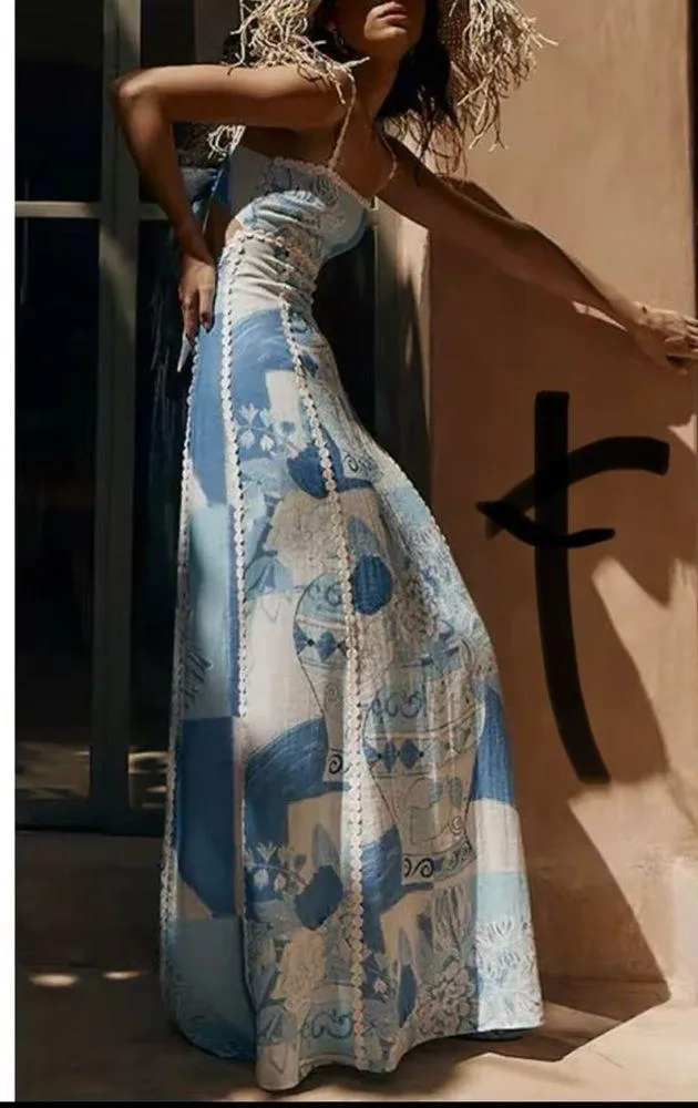 Elegant Blue and White Maxi Dress Size M - Image 2