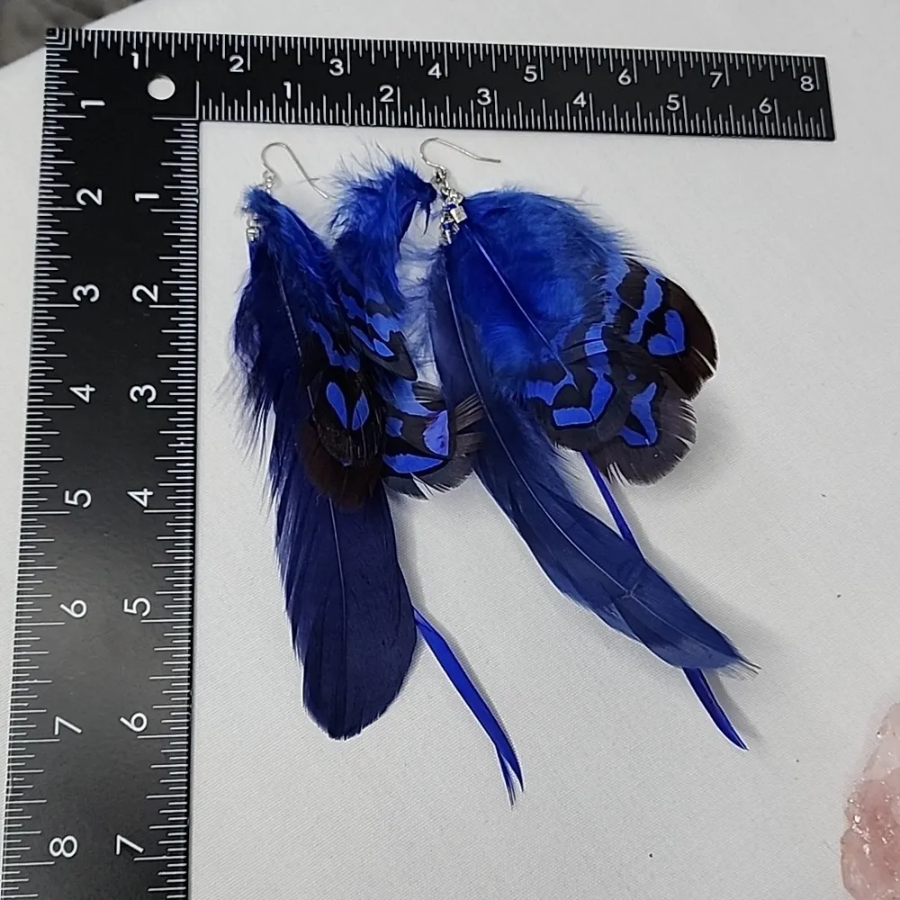 Boho Long Royal Blue Real Feather Earrings - Image 6
