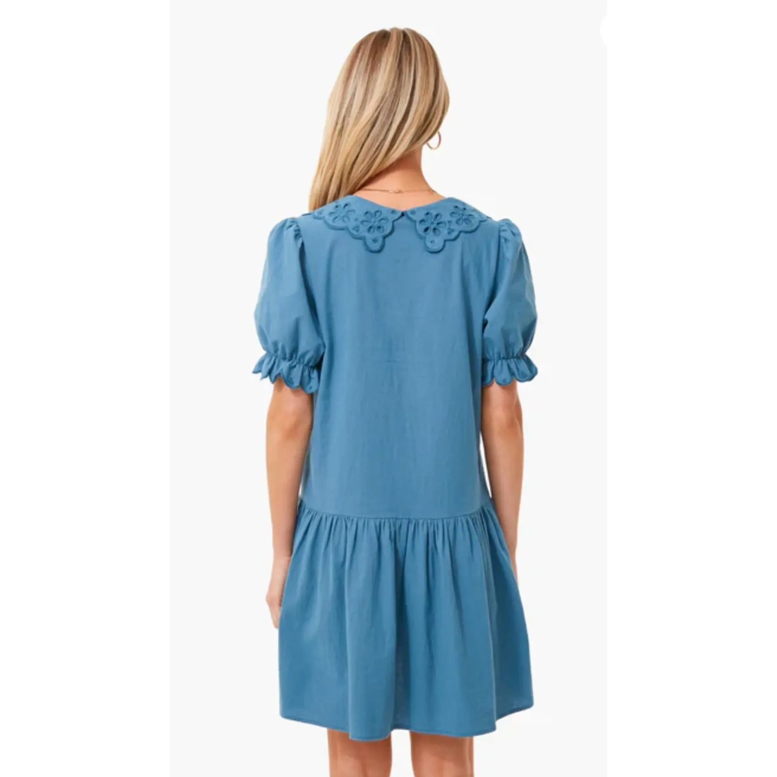 Pomander Place Dress Women's S French Blue Eyelet Collar Puff Sleeve Boho Cotton - Image 3