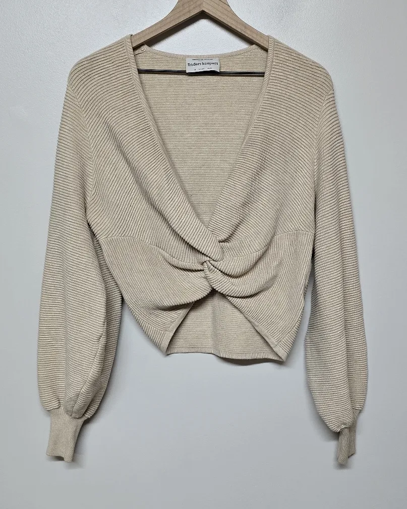 FINDERS KEEPERS Serafina Knit Sweater Beige Ribbed Pullover V-Neck Sz 02 XS - Image 1