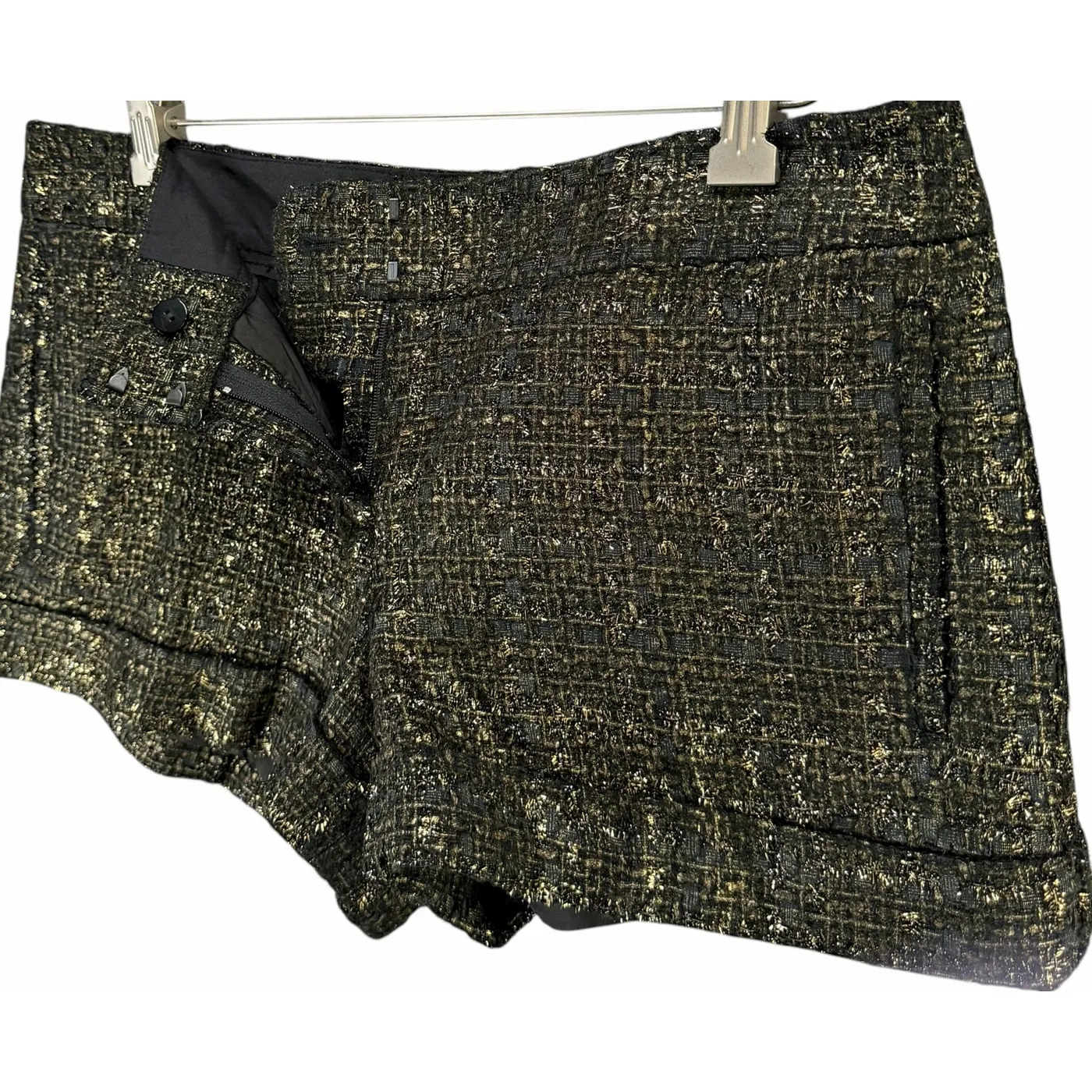 Express Metallic Tweed Shorts Womens 6 Black Gold Pockets Cuffed Lined Chic Y2K - Image 3
