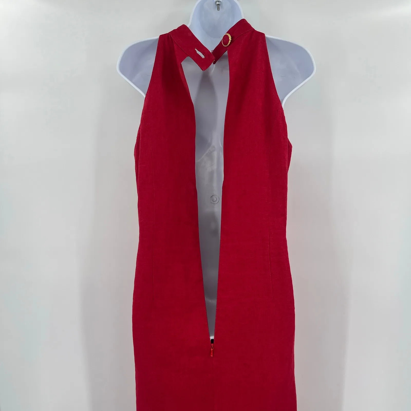 Vtg Y2K Morgan Taylor Linen Dress Sz 6 Red Mock Neck Halter Maxi Gala Minimalist - Image 8