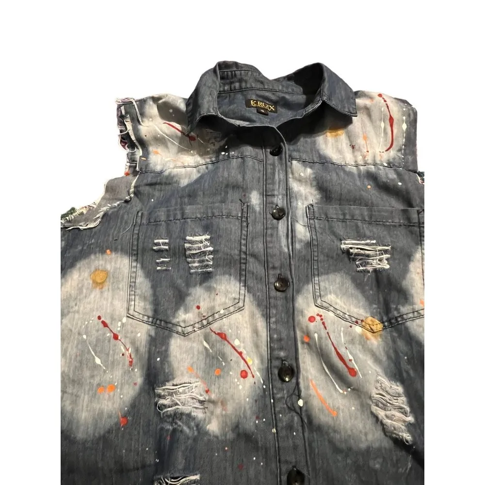 Kroix Denim Sleeveless Shirt Dress Tunic Paint Splatter Distressed Raw Hem Sz 1X Blue - Image 4
