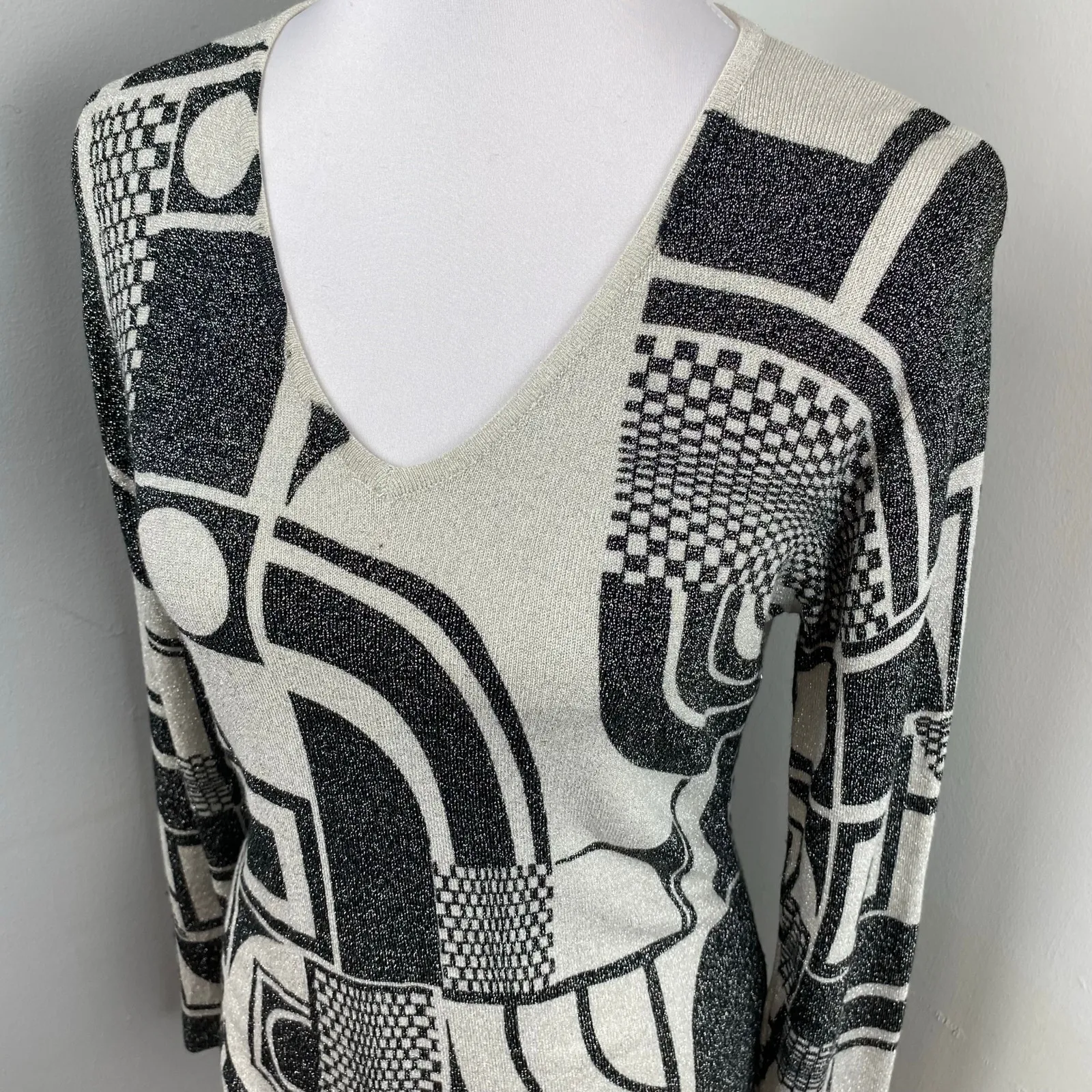 Pierri New York Metallic Black & Gray Abstract Sweater XL Art Deco Mod - Image 3