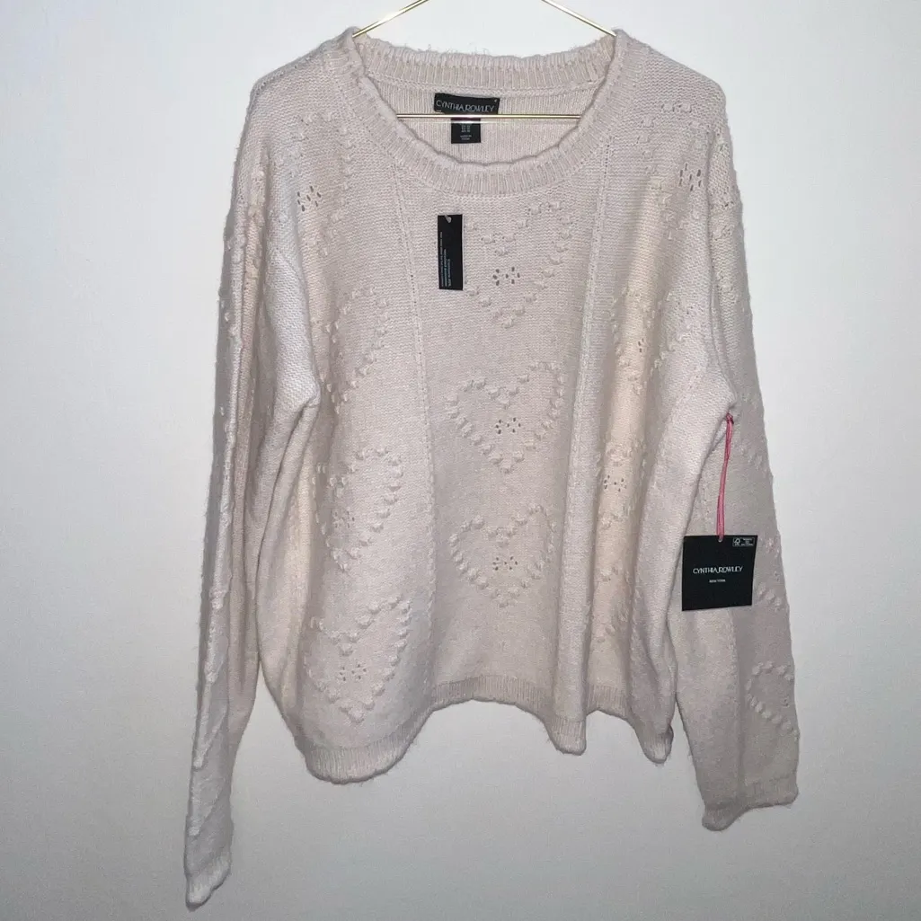 Cynthia Rowley Cream Heart Pattern cable knit Sweater valentines medium - Image 2