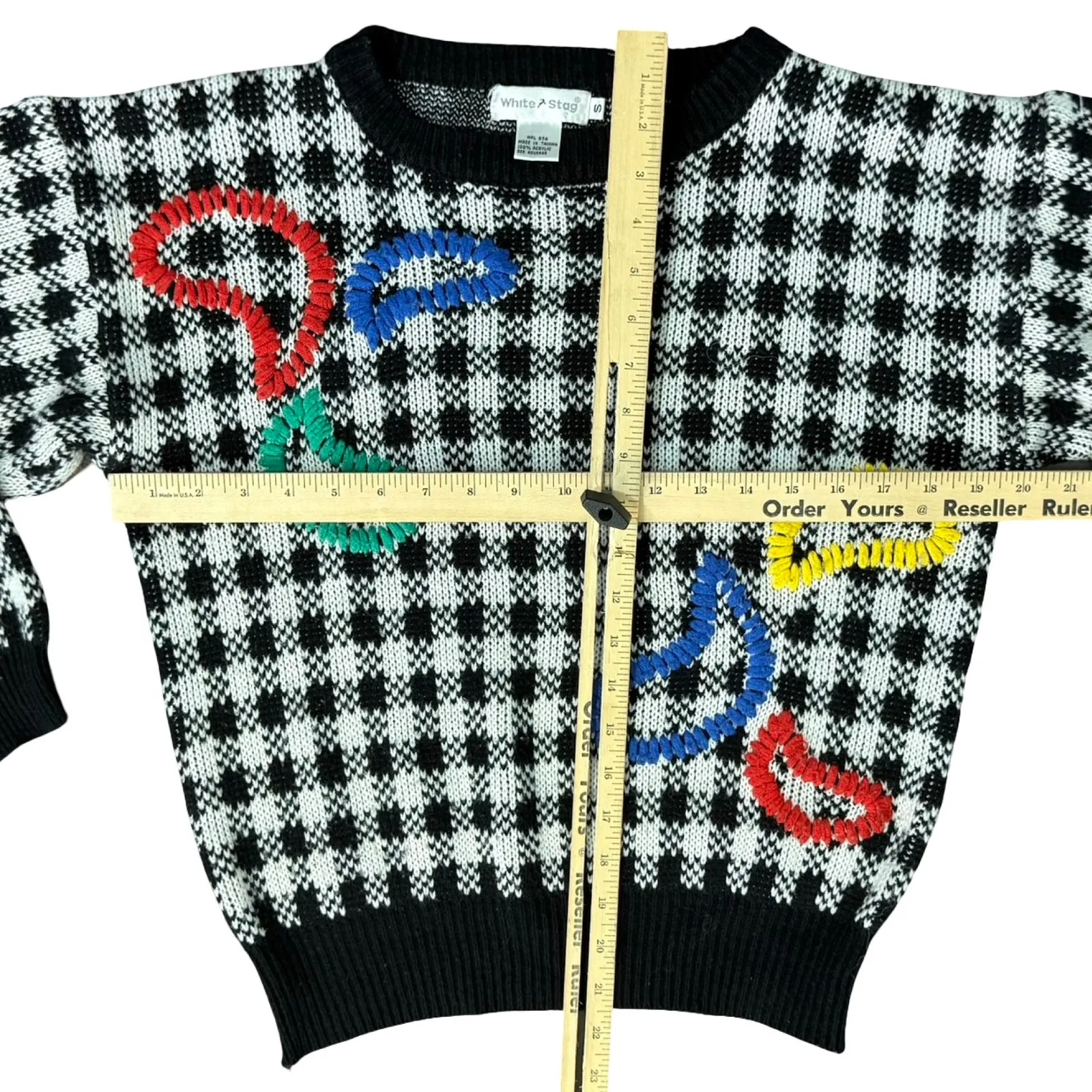 Vintage Black White Check Wide Stitch Rainbow Detail Crew Neck Sweater size S - Image 3