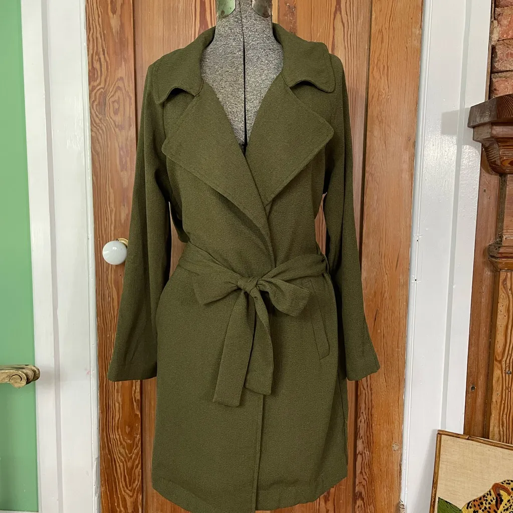SOPHIE RUE Classic Lightweight Belted Lightweight Olive Green Trench Coat~XL - Image 14