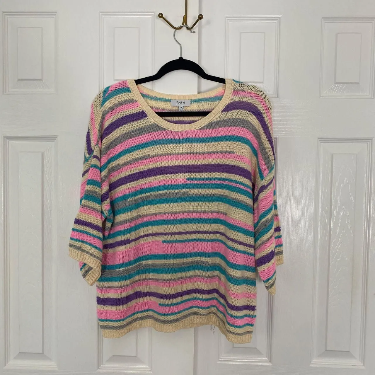 Fate Rainbow Multicolor Striped 3/4 Sleeve Chunky Wide Sleeve Knit Sweater S Pink - Image 3