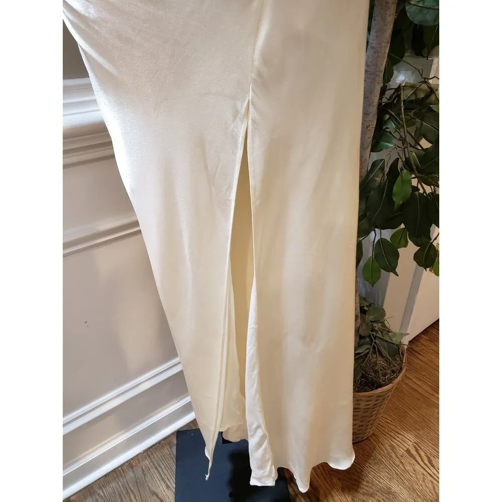 Mable Maxi Dress Women's S Beige Lined Satin Ruched Front Ankle Slit Halter Neck - Image 11