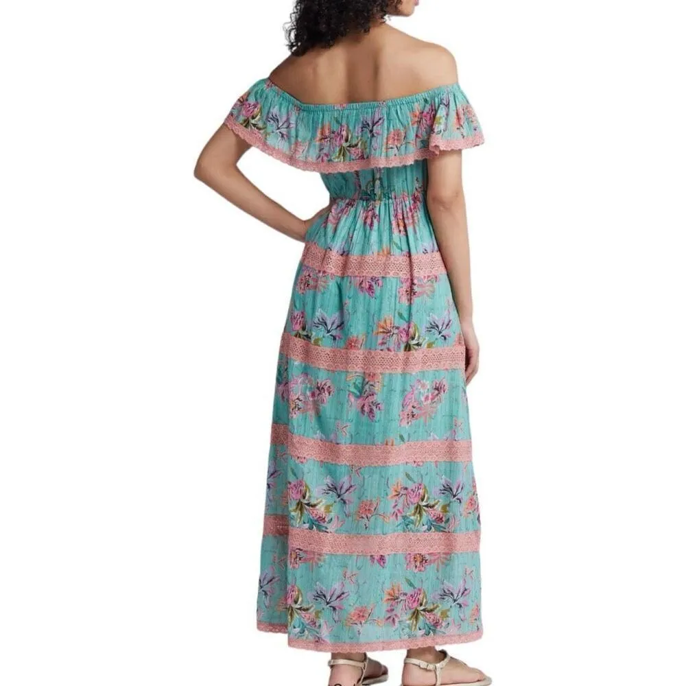 Barok Paris Floral Off The Shoulder Cotton Blend Maxi Dress In Seafoam Size M Blue Size M - Image 2