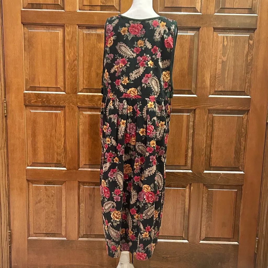 Erika Classics Vintage Y2K Floral Paisley Green Corduroy Smock Jumper Dress XL - Image 2