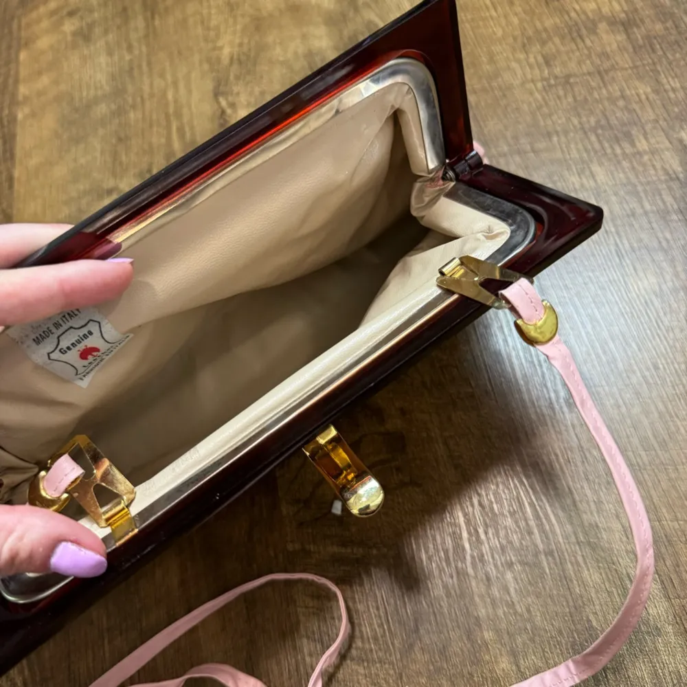 Vtg 60s/70s Italian Leather Convertible Clutch Crossbody Lucite Pink - Image 12