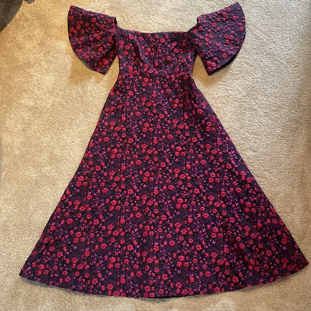 Jill Stuart Floral Off The Shoulder Dress Black Rasperberry Mauve 1055175 Size 0 - Image 3