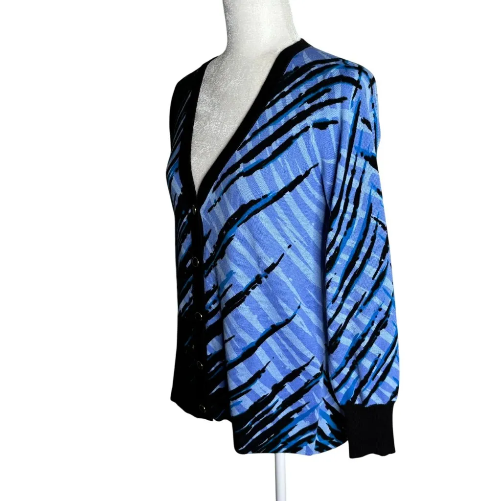 Bob Mackie Wearable Art V-Neck Cardigan Sweater XS Blue Black Cotton Abstract - Image 5