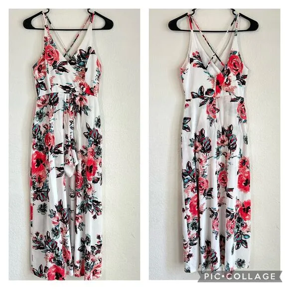 Franchesca's Miami Floral Spaghetti Cross Back Romper Train Maxi Dress SZ Small - Image 2
