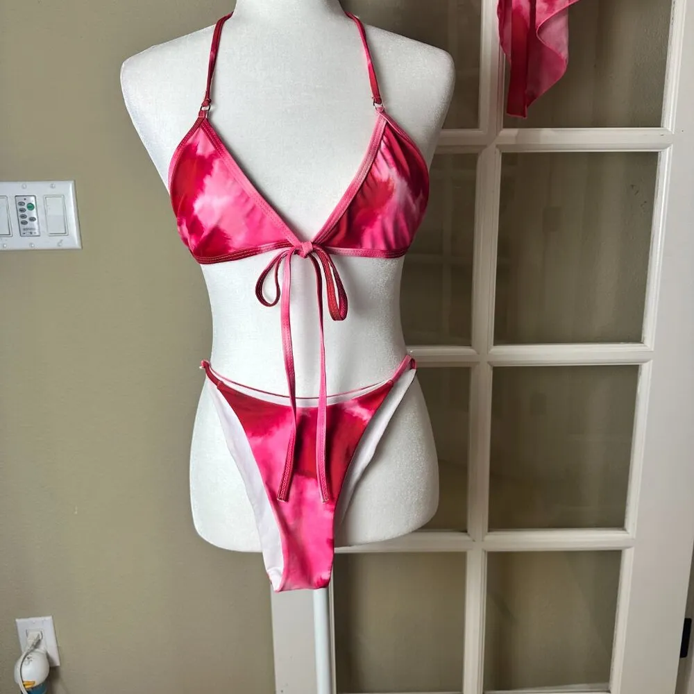 SHEIN 3 Piece Bikini Swimsuit & Sarong Cover Up Set Size Small - Image 4