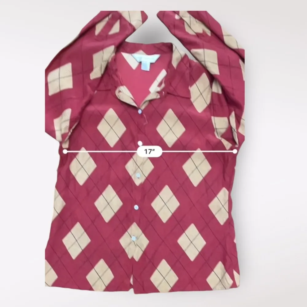 Petite Sophisticate Silk Button-Up Argyle Shirt Womens Size 10 Red Tan - Image 3