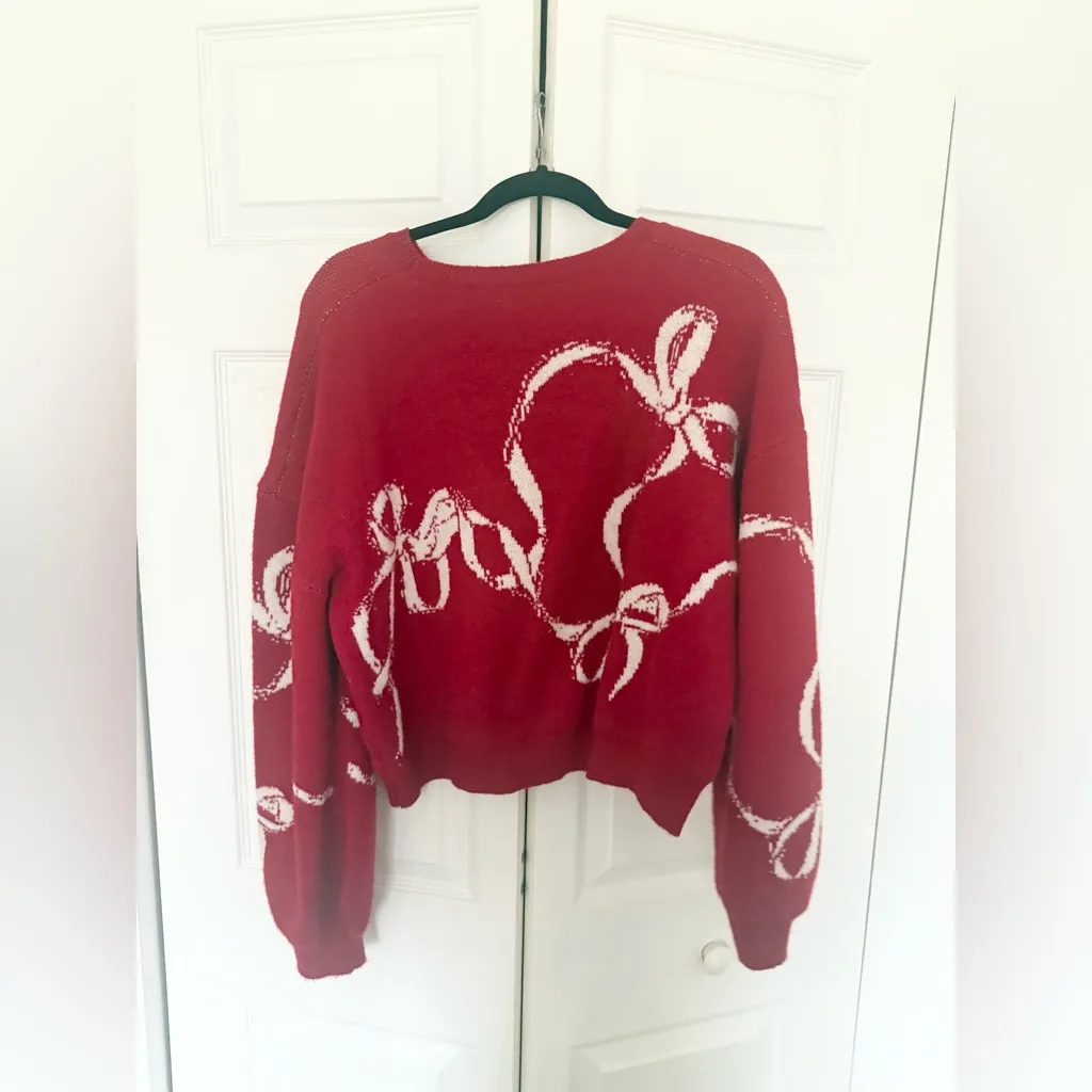 Cider Red & White Bows Sweater Knitted Bowknot Knit Sweater Size Large - Image 9