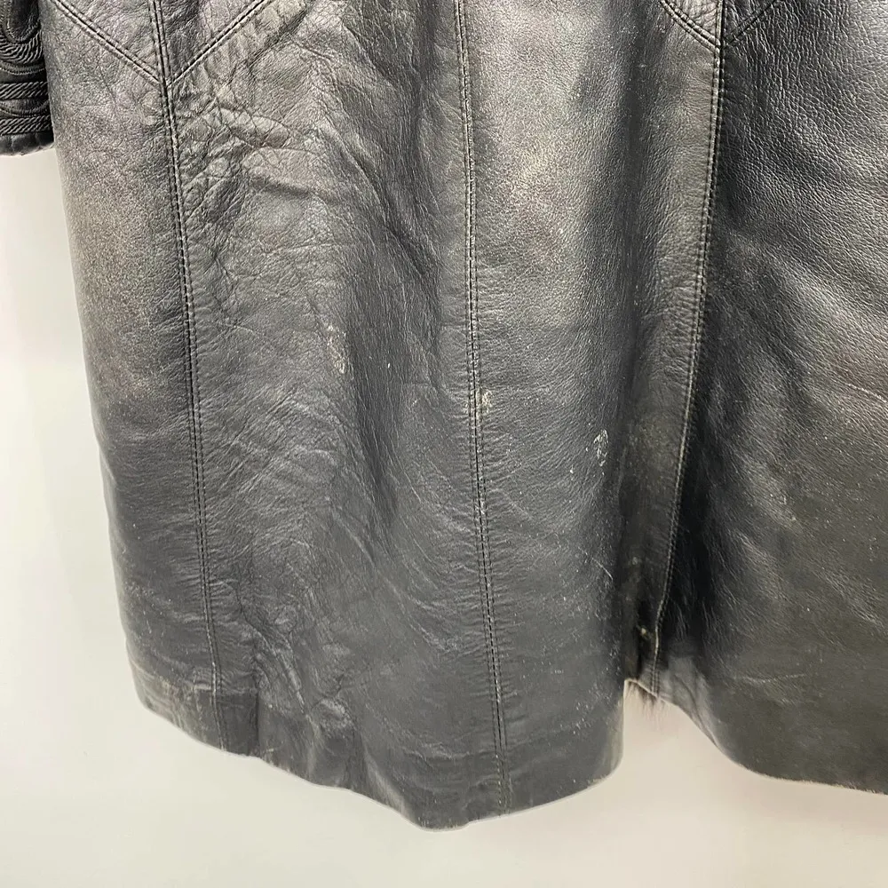 Vintage Leather Penny Lane Style Long Coat Black Real Fur Trim Womens Small - Image 16