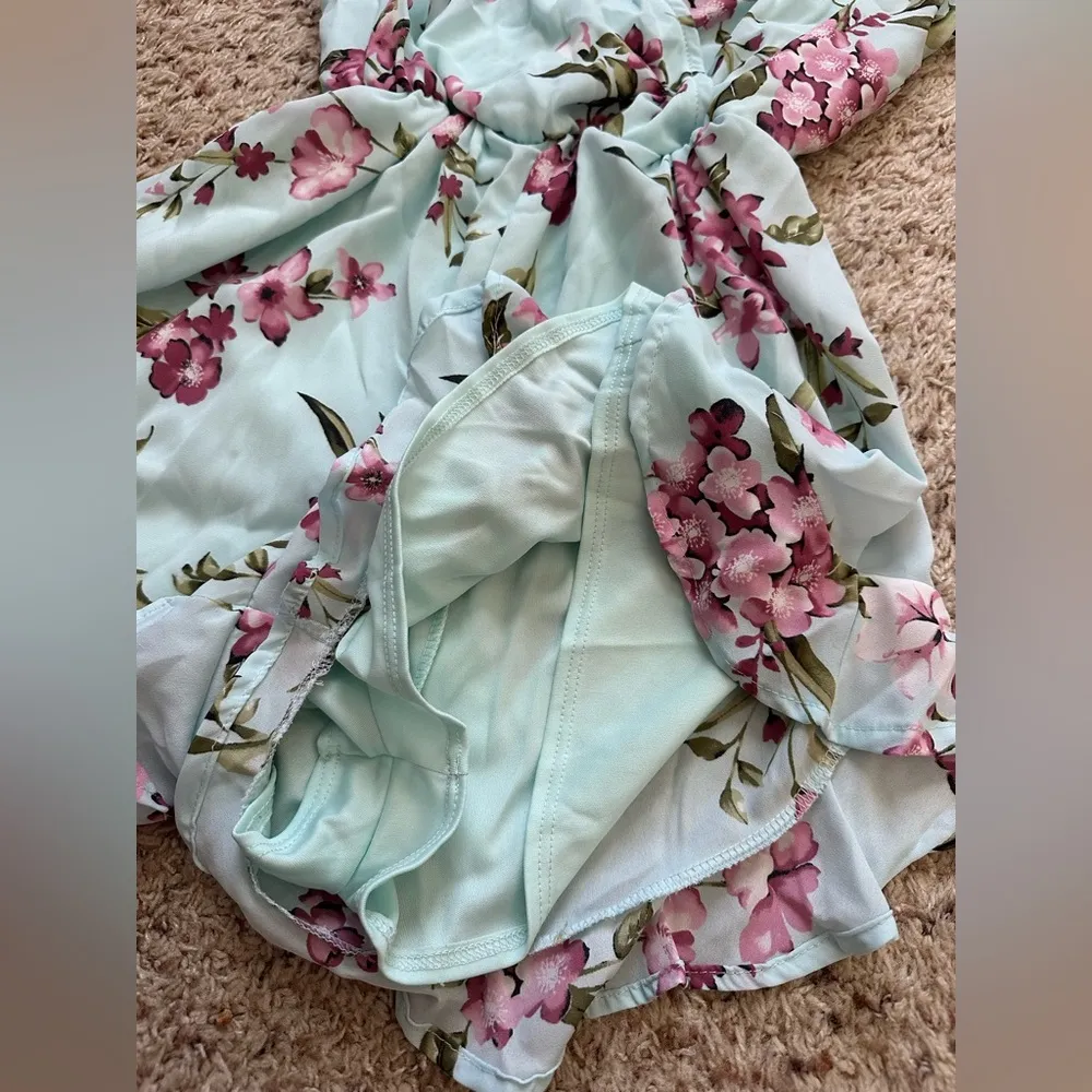 Peach Love Romper Pale Blue Floral Print Side Wrap, Size Small, Womens - Image 8