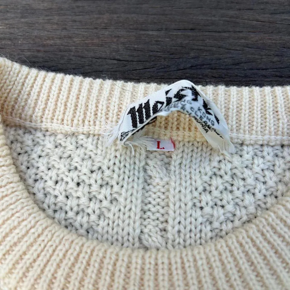 Vintage White 60s 100% Wool Meister Sweater Cable Knit Retro Knitwear Size L - Image 3