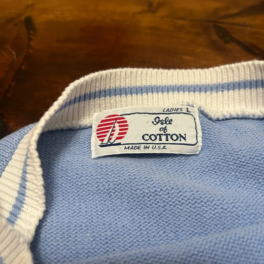 Baby Blue Boatneck Short Sleeve Sweater with Pocket Isle of Cotton Womens Large - Image 3