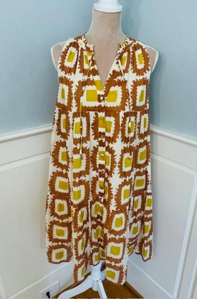 Olivia James The Label Ro Babydoll Tiered Dress Cafe Geo Print Medium Brown - Image 2