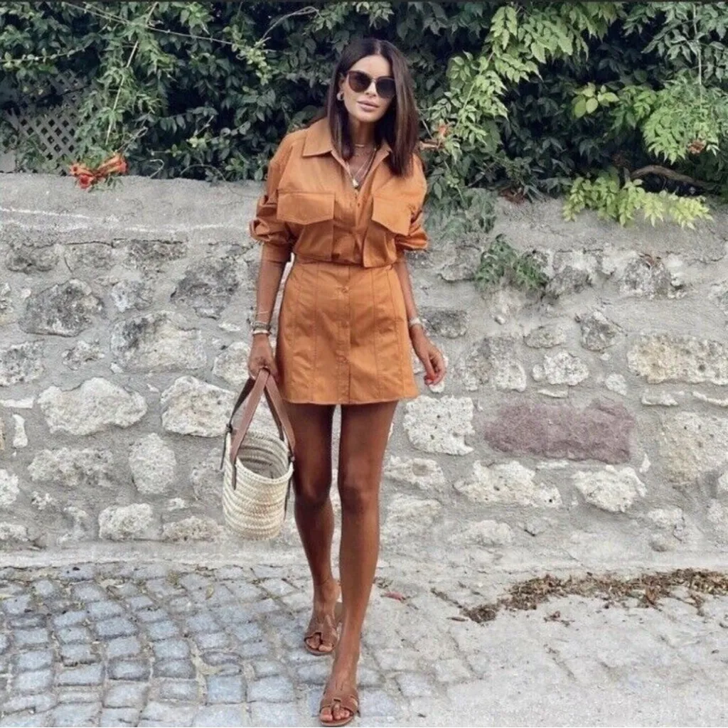 ZARA Poplin Shirt Open Back Utility‎ Mini Dress w/ Pockets in Tobacco Size Large - Image 7