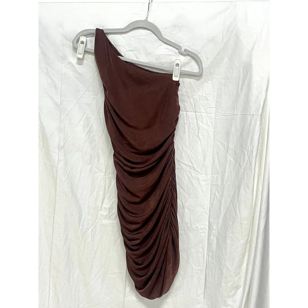 Club L Dorit One Shoulder Asymmetric Ruched Midi Dress Chocolate Women's US 2 - Image 4