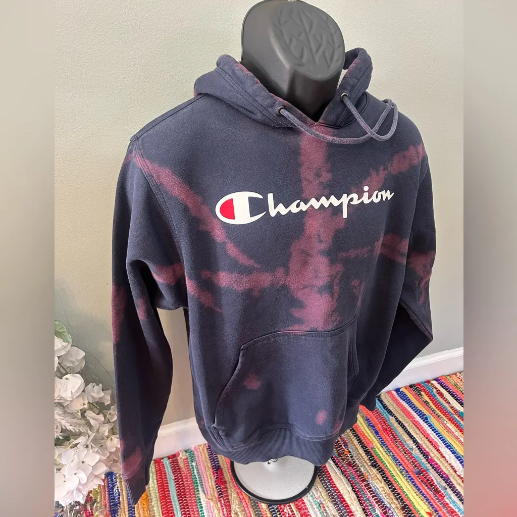 Champion Spellout Tie Dye Hoodie Sweatshirt Navy Blue Small - Image 3